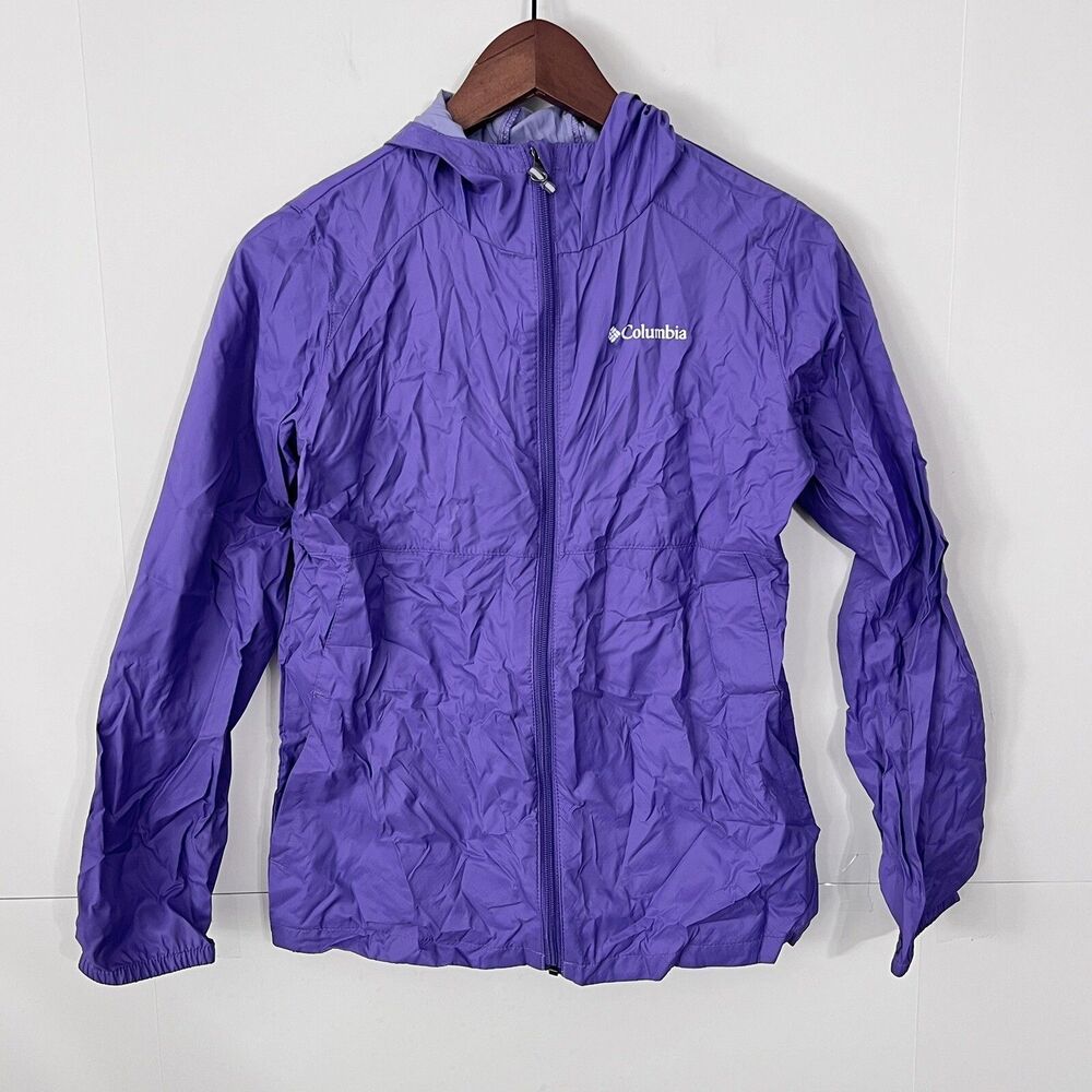 Columbia Girls Vinyl Style Tote Jacket Size L Purple Rain Coat Hoodie Full Zip